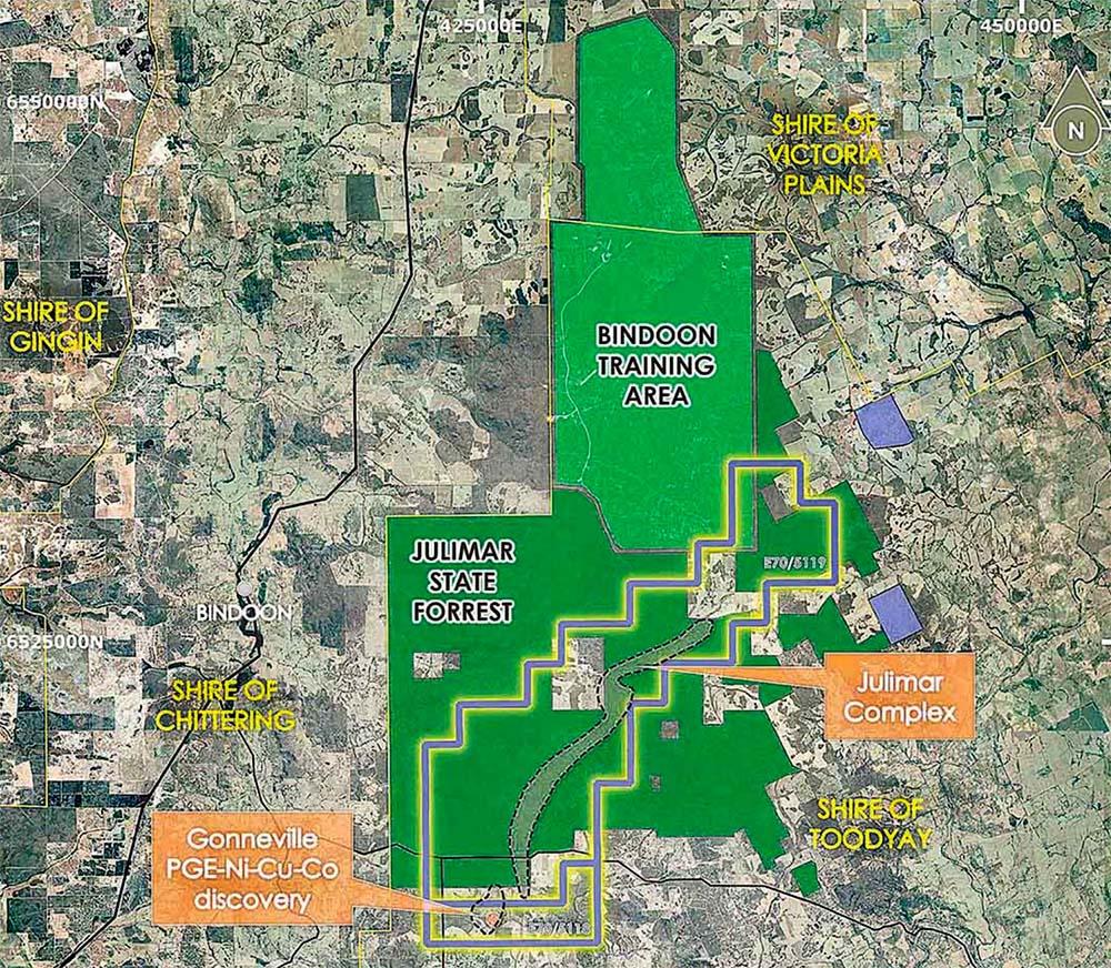 Chalice Julimar tenement map showing Gonneville on the southern side of Julimar Forest