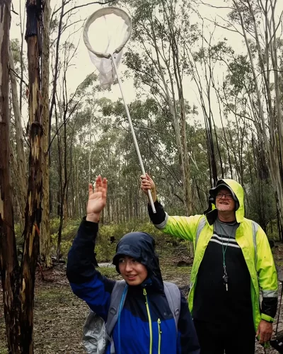 Survey lead, Daniel Heald, and a volunteer. Daniel is holding up a net to catch an insect.